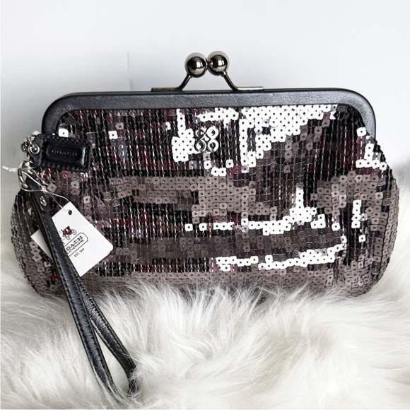 Coach Handbags - NWT Coach Sequin Evening Clutch w/Snap Closure- Charcoal Color